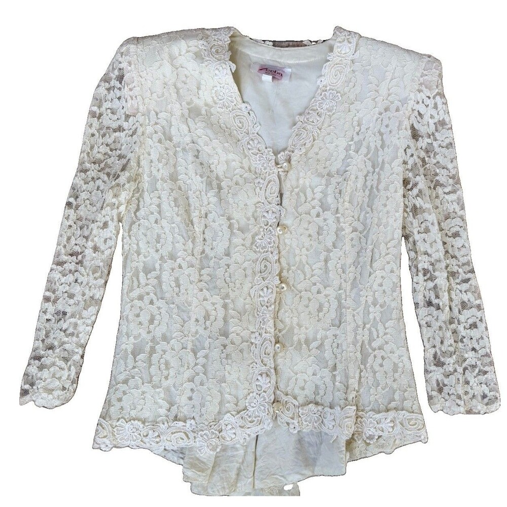 Vintage Zeeba‎ New York Ivory Lace Blazer Jacket Women M Pearl Buttons Shoulder